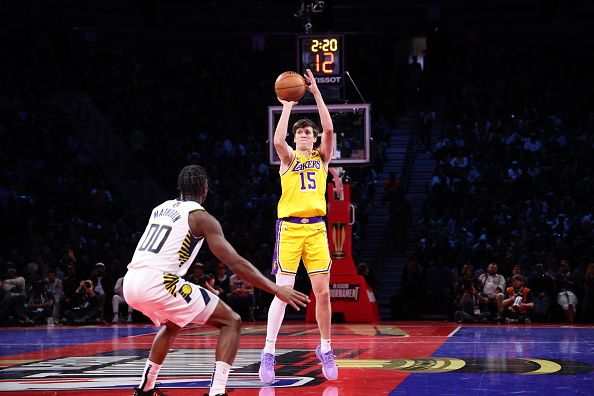 LAS VEGAS, NV - DECEMBER 9: Austin Reaves #15 of the Los Angeles Lakers shoots a three point basket against the Indiana Pacers during the In-Season Tournament Championship game on December 9, 2023 at T-Mobile Arena in Las Vegas, Nevada. NOTE TO USER: User expressly acknowledges and agrees that, by downloading and or using this photograph, User is consenting to the terms and conditions of the Getty Images License Agreement. Mandatory Copyright Notice: Copyright 2023 NBAE (Photo by Jeff Haynes/NBAE via Getty Images)