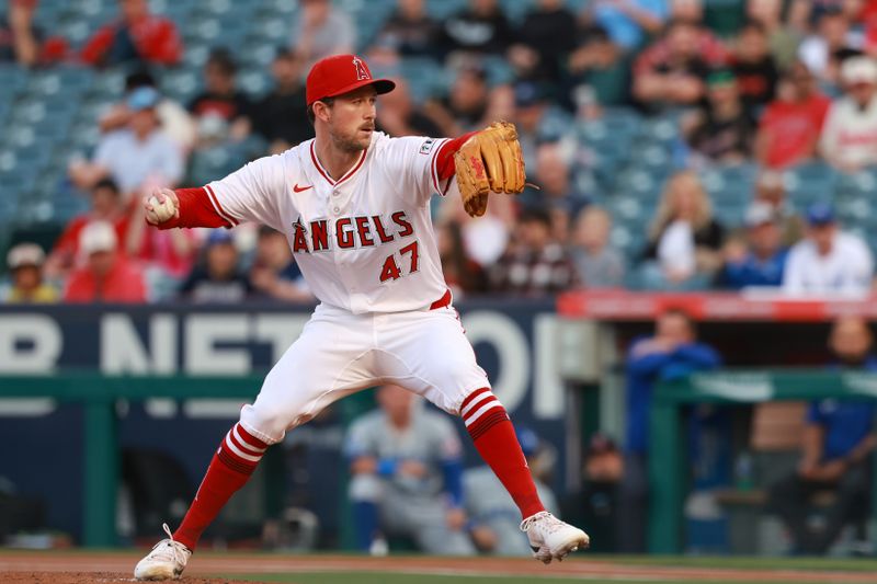 May 10, 2024; Anaheim, California, USA;  Los Angeles Angels pitcher Griffin Canning (47) pitches during the first inning against the Kansas City Royals at Angel Stadium. Mandatory Credit: Kiyoshi Mio-USA TODAY Sports