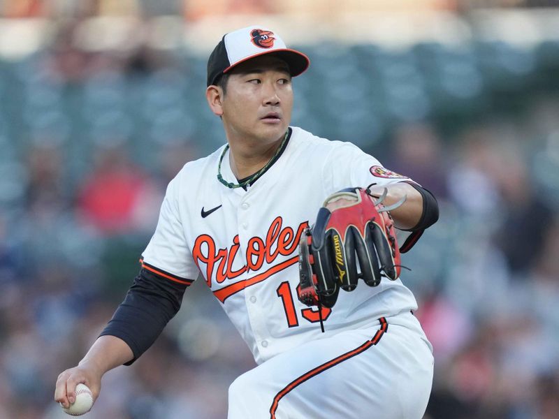 Apr 28, 2025; Baltimore, Maryland, USA; Baltimore Orioles  pitcher Tomoyuki Sugano (19) delivers during the third inning against the New York Yankees at Oriole Park at Camden Yards. Mandatory Credit: Mitch Stringer-Imagn Images
