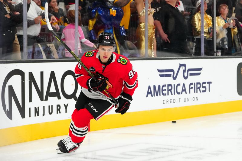 Oct 27, 2023; Las Vegas, Nevada, USA; Chicago Blackhawks center Connor Bedard (98) warms up before a game against the Vegas Golden Knights at T-Mobile Arena. Mandatory Credit: Stephen R. Sylvanie-USA TODAY Sports