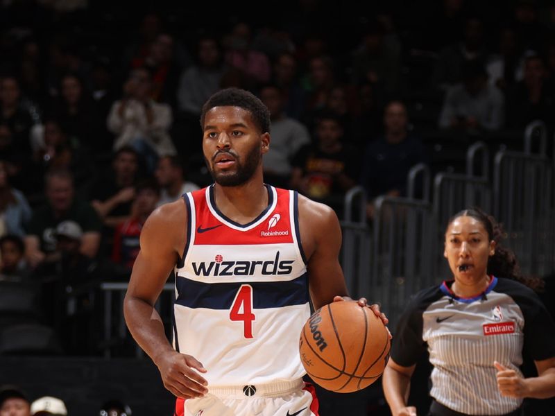 WASHINGTON, DC -? OCTOBER 30: Jared Butler #4 of the Washington Wizards dribbles the ball during the game against the Atlanta Hawks on October 30, 2024 at Capital One Arena in Washington, DC. NOTE TO USER: User expressly acknowledges and agrees that, by downloading and or using this Photograph, user is consenting to the terms and conditions of the Getty Images License Agreement. Mandatory Copyright Notice: Copyright 2024 NBAE (Photo by Stephen Gosling/NBAE via Getty Images)