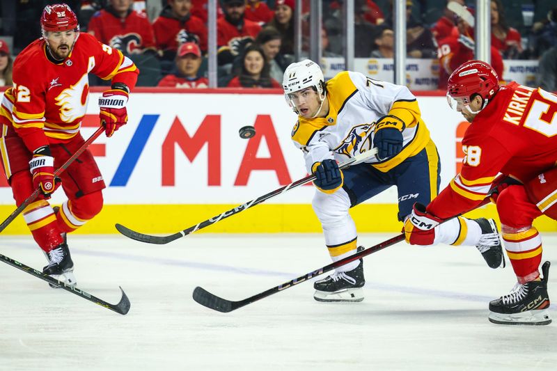 Nov 15, 2024; Calgary, Alberta, CAN; Nashville Predators right wing Luke Evangelista (77) shoots the puck against the Calgary Flames during the first period at Scotiabank Saddledome. Mandatory Credit: Sergei Belski-Imagn Images