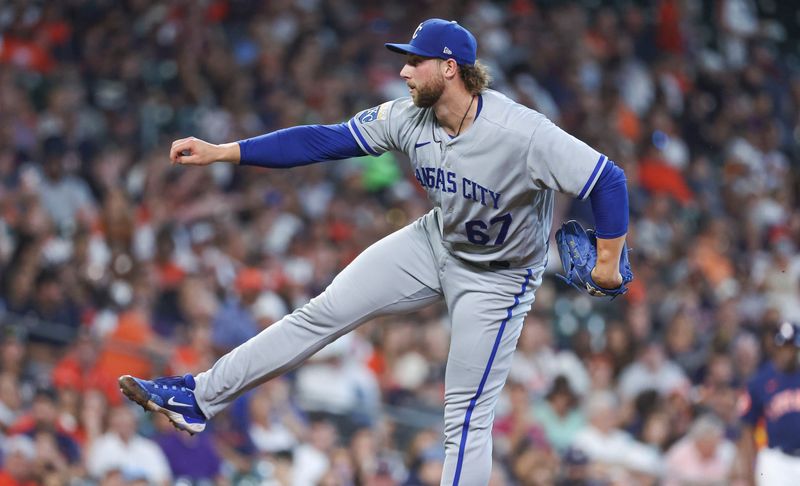 Sep 24, 2023; Houston, Texas, USA; Kansas City Royals relief pitcher Alec Marsh (67) delivers a pitch during the fourth inning against the Houston Astros at Minute Maid Park. Mandatory Credit: Troy Taormina-USA TODAY Sports