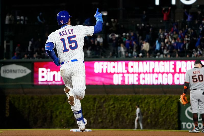 May 5, 2025; Chicago, Illinois, USA; Chicago Cubs catcher Carson Kelly (15) reacts after hitting a home run against the San Francisco Giants during the sixth inning at Wrigley Field. Mandatory Credit: David Banks-Imagn Images