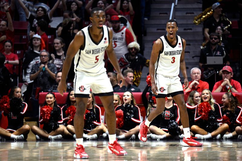 Nov 6, 2023; San Diego, California, USA; San Diego State Aztecs guard Micah Parrish (3) celebrates after a basket against the Cal State Fullerton Titans during the second half at Viejas Arena. Mandatory Credit: Orlando Ramirez-USA TODAY Sports