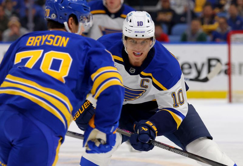 Nov 14, 2024; Buffalo, New York, USA;  St. Louis Blues center Brayden Schenn (10) watches for the puck during the first period against the Buffalo Sabres at KeyBank Center. Mandatory Credit: Timothy T. Ludwig-Imagn Images