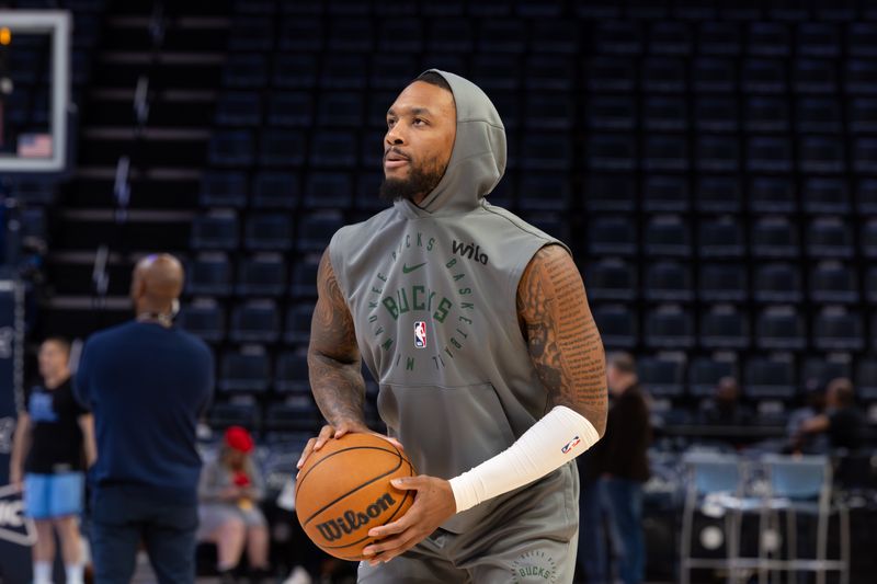 MEMPHIS, TENNESSEE - OCTOBER 31: Damian Lillard #0 of the Milwaukee Bucks during warm ups prier to the game against the Memphis Grizzlies at FedExForum on October 31, 2024 in Memphis, Tennessee.  NOTE TO USER: User expressly acknowledges and agrees that, by downloading and or using this Photograph, user is consenting to the terms and conditions of the Getty Images License Agreement. (Photo by Wes Hale/Getty Images)