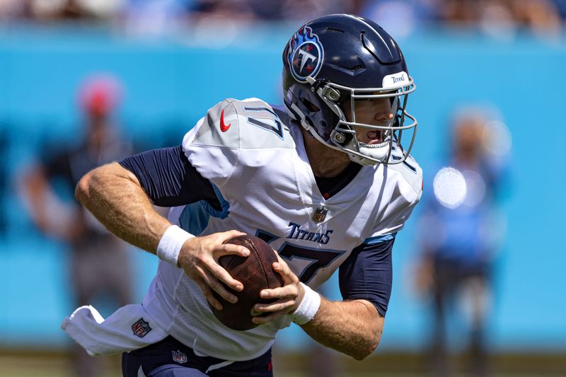 Tennessee Titans quarterback Ryan Tannehill (17) runs for yardage during their NFL football game against the Los Angeles Chargers Sunday, Sept. 17, 2023, in Nashville, Tenn. (AP Photo/Wade Payne)