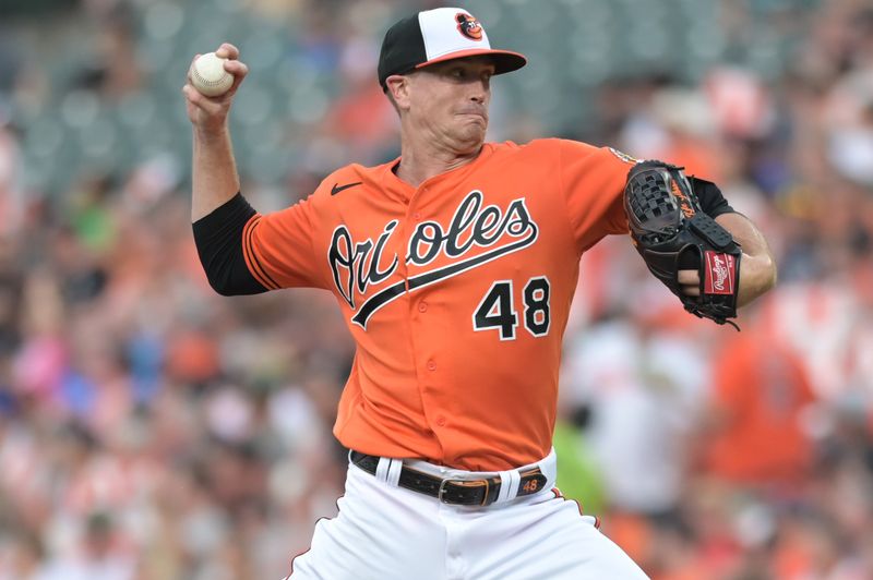 Jul 15, 2023; Baltimore, Maryland, USA;  Baltimore Orioles starting pitcher Kyle Gibson (48) throws a second inning pitch against the Miami Marlins at Oriole Park at Camden Yards. Mandatory Credit: Tommy Gilligan-USA TODAY Sports