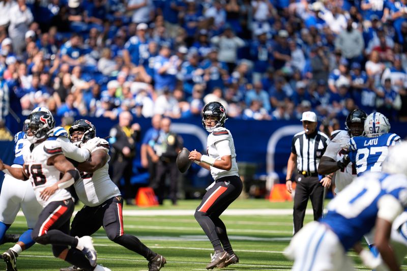 Houston Texans quarterback C.J. Stroud (7) during the second half of an NFL football game against the Indianapolis Colts, Sunday, Sept. 8, 2024, in Indianapolis. (AP Photo/Michael Conroy)