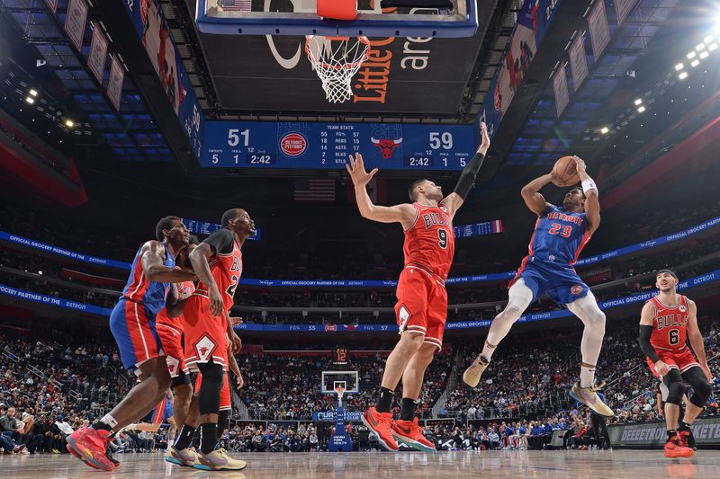 DETROIT, MI - APRIL 11: Jaden Ivey #23 of the Detroit Pistons shoots the ball during the game against the Chicago Bulls on April 11, 2024 at Little Caesars Arena in Detroit, Michigan. NOTE TO USER: User expressly acknowledges and agrees that, by downloading and/or using this photograph, User is consenting to the terms and conditions of the Getty Images License Agreement. Mandatory Copyright Notice: Copyright 2024 NBAE (Photo by Chris Schwegler/NBAE via Getty Images)