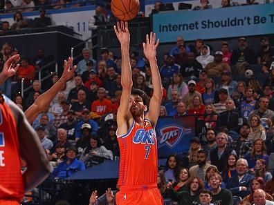 OKLAHOMA CITY, OK - DECEMBER 23: Chet Holmgren #7 of the Oklahoma City Thunder three point basket during the game against the Los Angeles Lakers on December 23, 2023 at Paycom Arena in Oklahoma City, Oklahoma. NOTE TO USER: User expressly acknowledges and agrees that, by downloading and or using this photograph, User is consenting to the terms and conditions of the Getty Images License Agreement. Mandatory Copyright Notice: Copyright 2023 NBAE (Photo by Zach Beeker/NBAE via Getty Images)