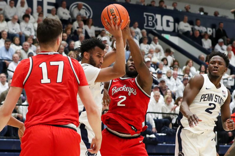 Jan 30, 2025; University Park, Pennsylvania, USA; Penn State Nittany Lions forward Zach Hicks (24) looks to pass the ball during the first half against the Ohio State Buckeyes at Rec Hall. Ohio State defeated Penn State 83-64. Mandatory Credit: Matthew O'Haren-Imagn Images