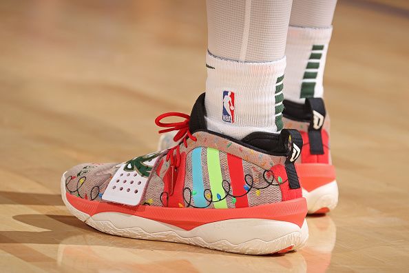 NEW YORK, NY - DECEMBER 25: The sneakers worn by Damian Lillard #0 of the Milwaukee Bucks during the game against the New York Knicks on December 25, 2023 at Madison Square Garden in New York City, New York.  NOTE TO USER: User expressly acknowledges and agrees that, by downloading and or using this photograph, User is consenting to the terms and conditions of the Getty Images License Agreement. Mandatory Copyright Notice: Copyright 2023 NBAE  (Photo by Nathaniel S. Butler/NBAE via Getty Images)