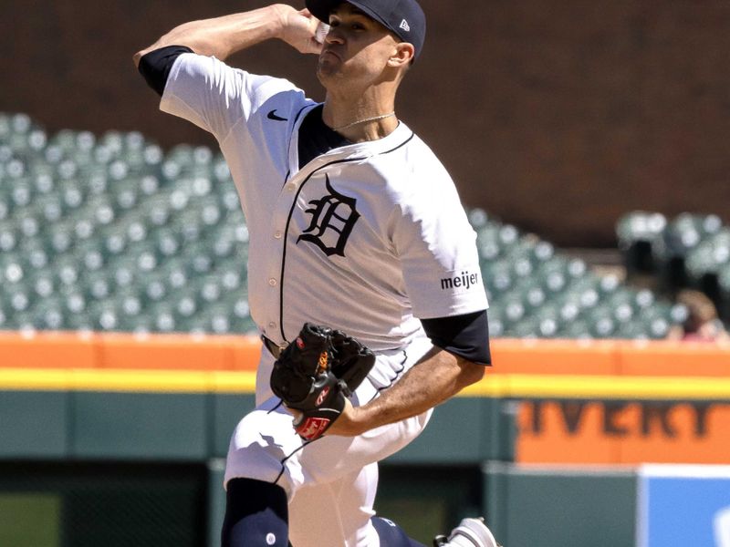 Apr 30, 2024; Detroit, Michigan, USA; Detroit Tigers starting pitcher Jack Flaherty (9) delivers against the St. Louis Cardinals in the first inning at Comerica Park. Mandatory Credit: David Reginek-USA TODAY Sports