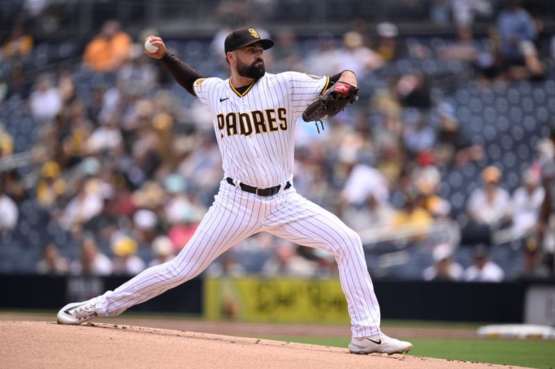 Aug 19, 2023; San Diego, California, USA; San Diego Padres starting pitcher Matt Waldron (61) throws a pitch against the Arizona Diamondbacks during the first inning at Petco Park. Mandatory Credit: Orlando Ramirez-USA TODAY Sports 