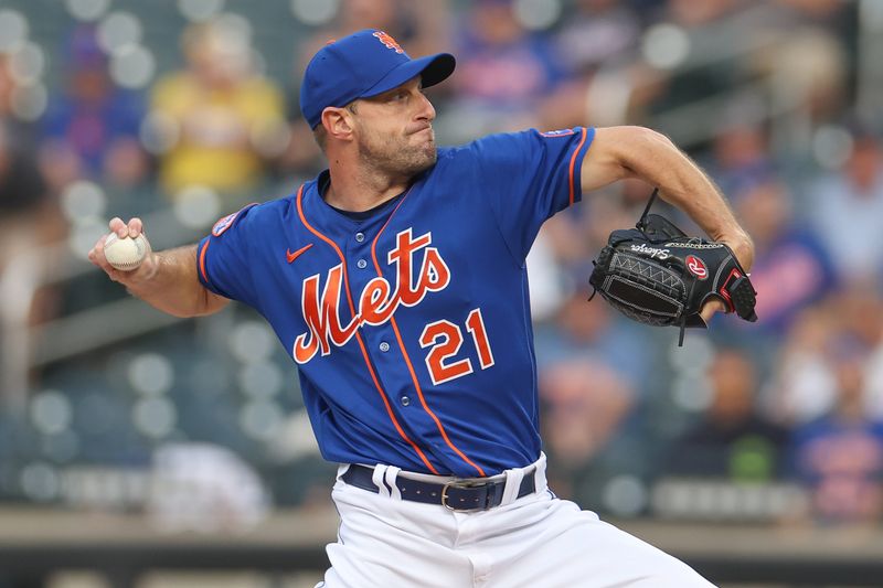 Jun 29, 2023; New York City, New York, USA; New York Mets starting pitcher Max Scherzer (21) delivers a pitch during the first inning against the Milwaukee Brewers at Citi Field. Mandatory Credit: Vincent Carchietta-USA TODAY Sports