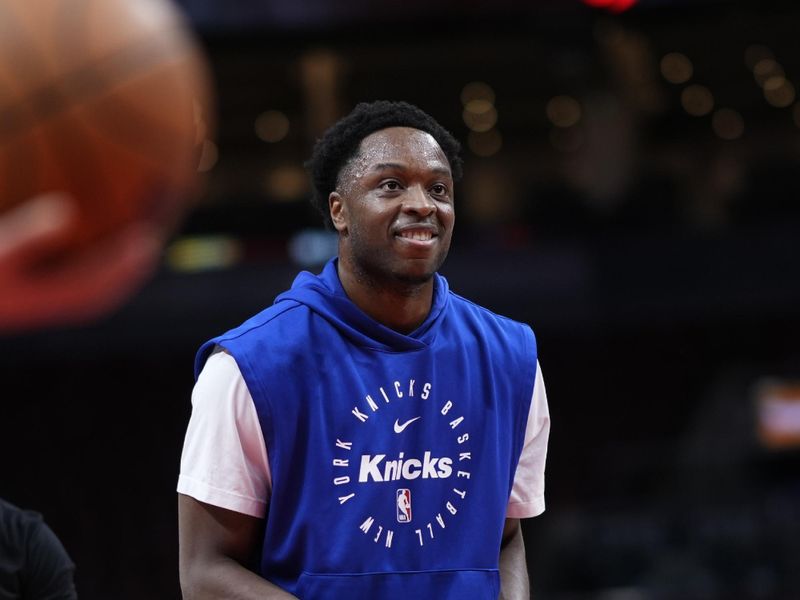 TORONTO, CANADA - DECEMBER 9: OG Anunoby #8 of the New York Knicks smiles before the game against the Toronto Raptors on December 9, 2024 at the Scotiabank Arena in Toronto, Ontario, Canada.  NOTE TO USER: User expressly acknowledges and agrees that, by downloading and or using this Photograph, user is consenting to the terms and conditions of the Getty Images License Agreement.  Mandatory Copyright Notice: Copyright 2024 NBAE (Photo by Mark Blinch/NBAE via Getty Images)