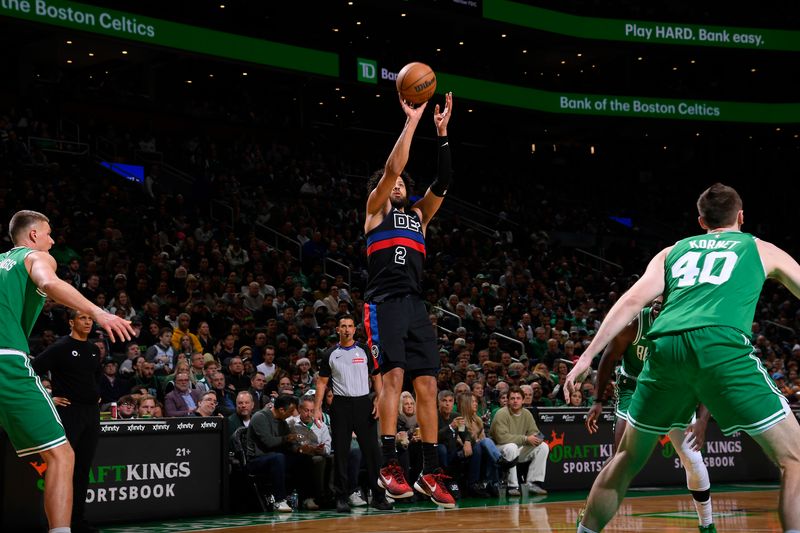 BOSTON, MA - DECEMBER 12: Cade Cunningham #2 of the Detroit Pistons shoots the ball during the game against the Boston Celtics on December 12, 2024 at TD Garden in Boston, Massachusetts. NOTE TO USER: User expressly acknowledges and agrees that, by downloading and/or using this Photograph, user is consenting to the terms and conditions of the Getty Images License Agreement. Mandatory Copyright Notice: Copyright 2024 NBAE (Photo by Brian Babineau/NBAE via Getty Images)