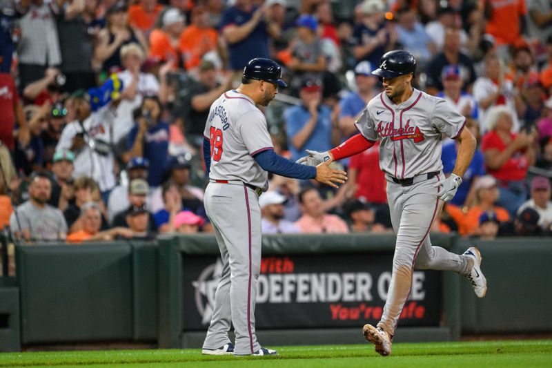 Jun 12, 2024; Baltimore, Maryland, USA; Atlanta Braves first base Matt Olson (28) hits a two run home run and celebrates with third base coach Matt Tuiasosopo (89) during the eighth inning against the Baltimore Orioles at Oriole Park at Camden Yards. Mandatory Credit: Reggie Hildred-USA TODAY Sports