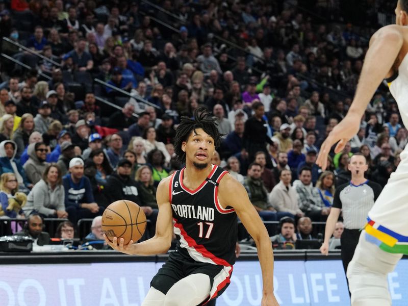 MINNEAPOLIS, MN -  APRIL 2:  Shaedon Sharpe #17 of the Portland Trail Blazers drives to the basket during the game against the Minnesota Timberwolves on April 2, 2023 at Target Center in Minneapolis, Minnesota. NOTE TO USER: User expressly acknowledges and agrees that, by downloading and or using this Photograph, user is consenting to the terms and conditions of the Getty Images License Agreement. Mandatory Copyright Notice: Copyright 2023 NBAE (Photo by Jordan Johnson/NBAE via Getty Images)