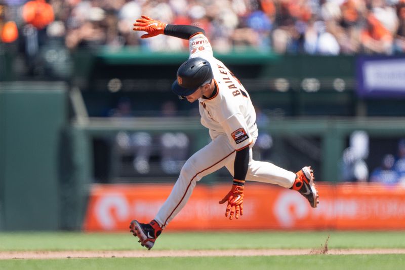 Aug 13, 2023; San Francisco, California, USA; San Francisco Giants catcher Patrick Bailey (14) runs during the fourth inning against the Texas Rangers at Oracle Park. Mandatory Credit: Stan Szeto-USA TODAY Sports