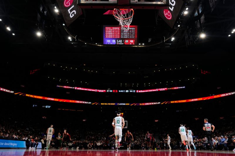 TORONTO, CANADA - FEBRUARY 25: Jayson Tatum #0 of the Boston Celtics looks on during the game against the Toronto Raptors on February 25, 2025 at the Scotiabank Arena in Toronto, Ontario, Canada. NOTE TO USER: User expressly acknowledges and agrees that, by downloading and or using this Photograph, user is consenting to the terms and conditions of the Getty Images License Agreement.  Mandatory Copyright Notice: Copyright 2025 NBAE(Photo by Mark Blinch/NBAE via Getty Images)