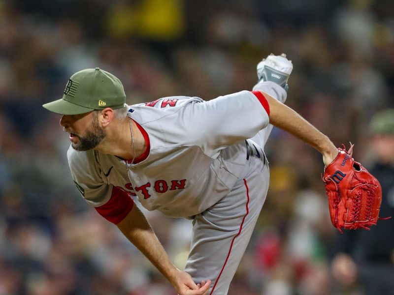 May 20, 2023; San Diego, California, USA;  Boston Red Sox relief pitcher Chris Martin (55) throws a pitch in the eighth inning against the San Diego Padres at Petco Park. Mandatory Credit: David Frerker-USA TODAY Sports