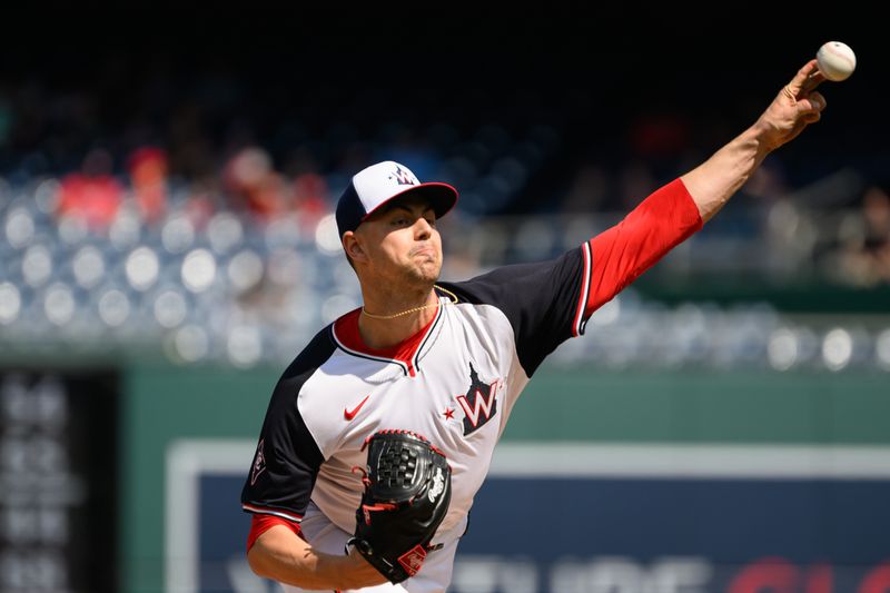 Sep 15, 2024; Washington, District of Columbia, USA; Washington Nationals starting pitcher MacKenzie Gore (1) throws a pitch against the Miami Marlins during the first inning at Nationals Park. Mandatory Credit: Rafael Suanes-Imagn Images