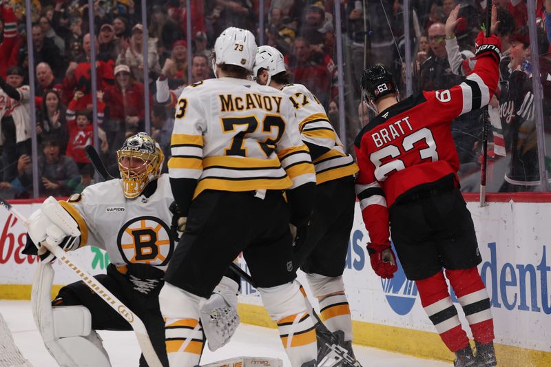 Mar 16, 2026; Newark, New Jersey, USA; New Jersey Devils left wing Jesper Bratt (63) celebrates his goal against the Boston Bruins during the second period at Prudential Center. Mandatory Credit: Ed Mulholland-Imagn Images Mar 16, 2026; Newark, New Jersey, USA; New Jersey Devils left wing Jesper Bratt (63) celebrates his goal against the Boston Bruins during the second period at Prudential Center. Mandatory Credit: Ed Mulholland-Imagn Images