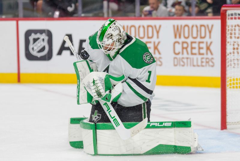 Sep 25, 2025; Saint Paul, Minnesota, USA; Dallas Stars goaltender Casey DeSmith (1) stops a Minnesota Wild shot in the third period at Grand Casino Arena. Mandatory Credit: Matt Blewett-Imagn Images