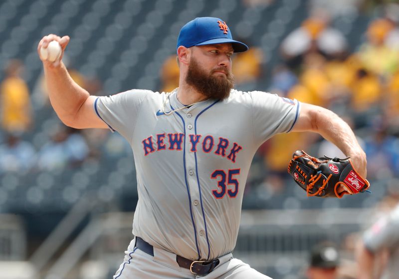 Jul 8, 2024; Pittsburgh, Pennsylvania, USA;  New York Mets relief pitcher Adrian Houser (35) throws against the Pittsburgh Pirates during the eighth inning at PNC Park. The Pirates won 8-2.  Mandatory Credit: Charles LeClaire-USA TODAY Sports