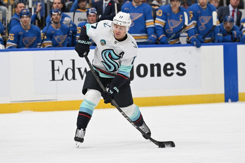 Nov 8, 2025; St. Louis, Missouri, USA; Seattle Kraken center Jaden Schwartz (17) takes a shot against the St. Louis Blues in the third period at Enterprise Center. Mandatory Credit: Joe Puetz-Imagn Images