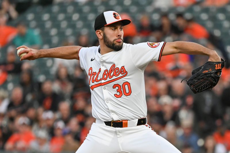 Apr 16, 2024; Baltimore, Maryland, USA;  Baltimore Orioles pitcher Grayson Rodriguez (30) throws a third inning pitch against the Minnesota Twins at Oriole Park at Camden Yards. Mandatory Credit: Tommy Gilligan-USA TODAY Sports