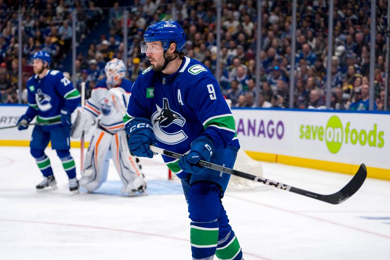 May 16, 2024; Vancouver, British Columbia, CAN; Vancouver Canucks forward J.T. Miller (9) skates against the Edmonton Oilers during the third period in game five of the second round of the 2024 Stanley Cup Playoffs at Rogers Arena. Mandatory Credit: Bob Frid-USA TODAY Sports