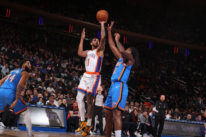 NEW YORK, NY - JANUARY 10:  Cameron Payne #1 of the New York Knicks shoots the ball during the game against the Oklahoma City Thunder  on January 10, 2025 at Madison Square Garden in New York City, New York.  NOTE TO USER: User expressly acknowledges and agrees that, by downloading and or using this photograph, User is consenting to the terms and conditions of the Getty Images License Agreement. Mandatory Copyright Notice: Copyright 2024 NBAE  (Photo by Nathaniel S. Butler/NBAE via Getty Images)