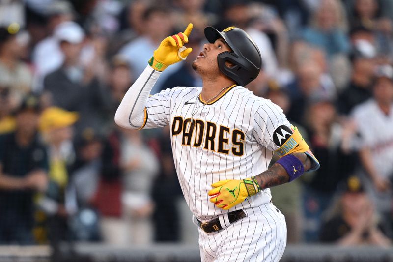 Jul 5, 2023; San Diego, California, USA; San Diego Padres third baseman Manny Machado (13) gestures after hitting a home run against the Los Angeles Angels during the sixth inning at Petco Park. Mandatory Credit: Orlando Ramirez-USA TODAY Sports