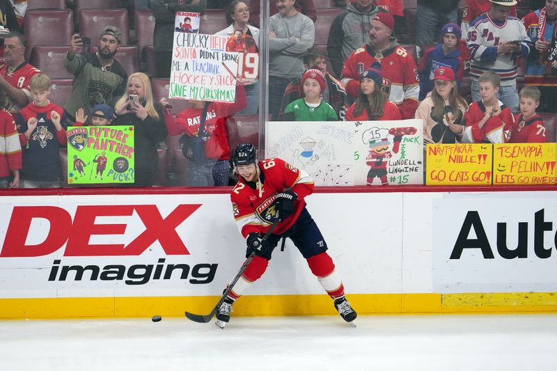 Dec 29, 2023; Sunrise, Florida, USA; Florida Panthers defenseman Brandon Montour (62) warms up prior to the game against the New York Rangers at Amerant Bank Arena. Mandatory Credit: Jasen Vinlove-USA TODAY Sports
