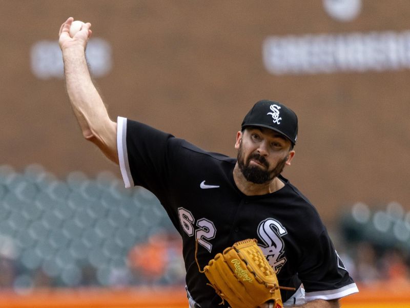 Sep 10, 2023; Detroit, Michigan, USA; Chicago White Sox relief pitcher Jesse Scholtens (62) throws in the first inning against the Detroit Tigers at Comerica Park. Mandatory Credit: David Reginek-USA TODAY Sports