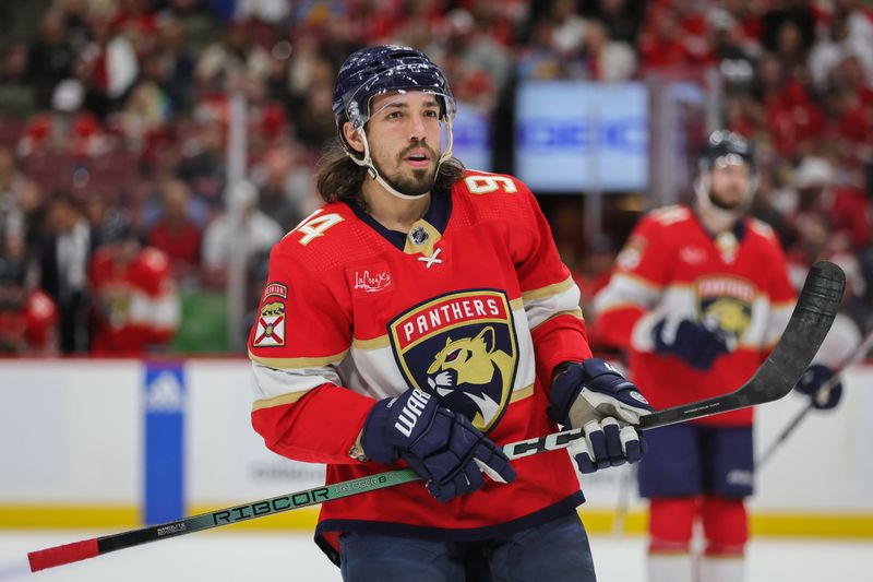 Feb 27, 2024; Sunrise, Florida, USA; Florida Panthers left wing Ryan Lomberg (94) looks on against the Buffalo Sabres during the second period at Amerant Bank Arena. Mandatory Credit: Sam Navarro-USA TODAY Sports