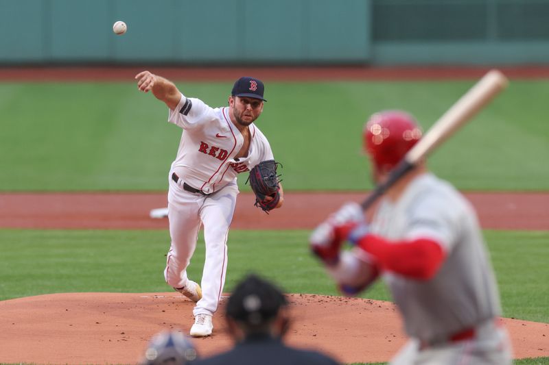 Jun 11, 2024; Boston, Massachusetts, USA; Boston Red Sox starting pitcher Kutter Crawford (50) throws a pitch during the first inning against the Philadelphia Phillies at Fenway Park. Mandatory Credit: Paul Rutherford-USA TODAY Sports