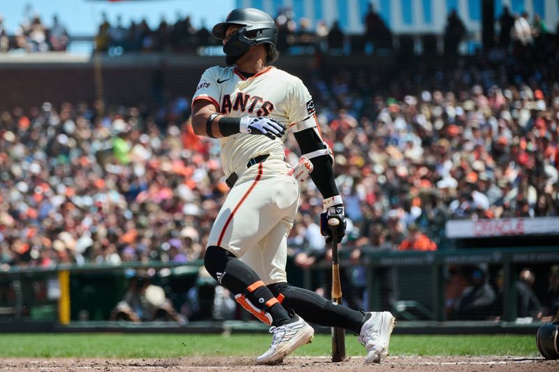 May 19, 2024; San Francisco, California, USA; San Francisco Giants outfielder Luis Matos (29) bats against the Colorado Rockies during the fifth inning at Oracle Park. Mandatory Credit: Robert Edwards-USA TODAY Sports