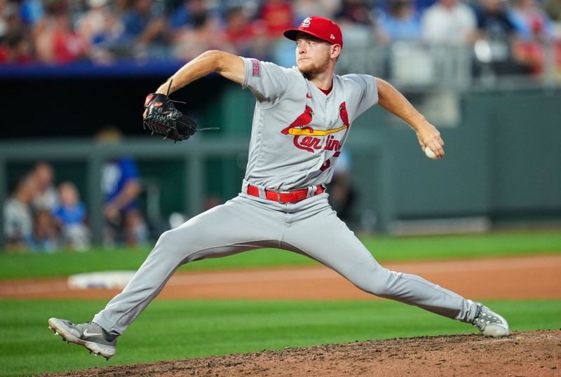 Aug 11, 2023; Kansas City, Missouri, USA; St. Louis Cardinals relief pitcher Zack Thompson (57) pitches during the fourth inning against the Kansas City Royals at Kauffman Stadium. Mandatory Credit: Jay Biggerstaff-USA TODAY Sports