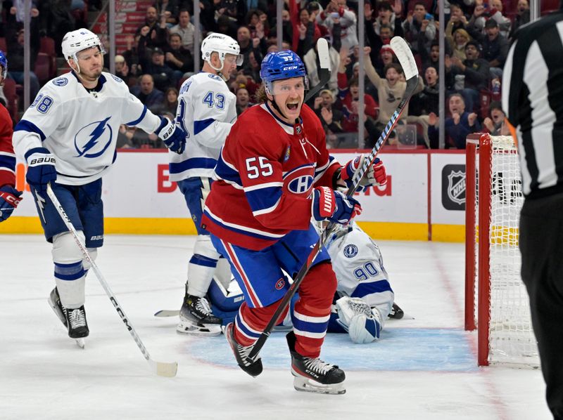 Nov 7, 2023; Montreal, Quebec, CAN; Montreal Canadiens forward Michael Pezzetta (55) celebrates after scoring a goal against Tampa Bay Lightning goalie Matt Tomkins (90) during the third period at the Bell Centre. Mandatory Credit: Eric Bolte-USA TODAY Sports