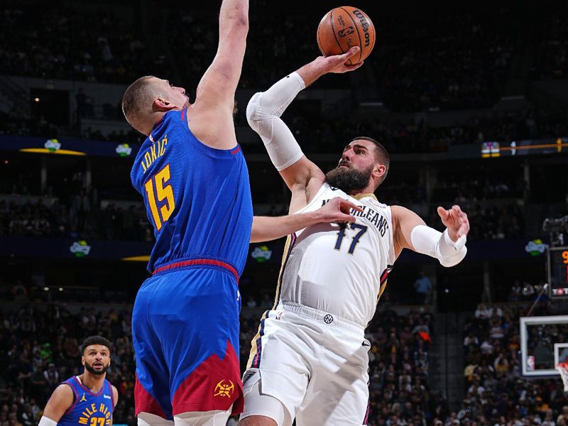 DENVER, CO - JANUARY 12: Jonas Valanciunas #17 of the New Orleans Pelicans shoots the ball during the game against the Denver Nuggets on January 12, 2024 at the Ball Arena in Denver, Colorado. NOTE TO USER: User expressly acknowledges and agrees that, by downloading and/or using this Photograph, user is consenting to the terms and conditions of the Getty Images License Agreement. Mandatory Copyright Notice: Copyright 2024 NBAE (Photo by Garrett Ellwood/NBAE via Getty Images)