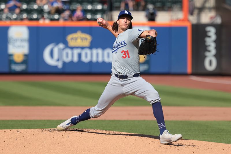 May 28, 2024; New York, NY, USA; Los Angeles Dodgers starting pitcher Tyler Glasnow (31) delivers a pitch during the first inning against the New York Mets at Citi Field. Mandatory Credit: Vincent Carchietta-USA TODAY Sports