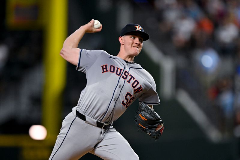 Aug 5, 2024; Arlington, Texas, USA; Houston Astros starting pitcher Hunter Brown (58) pitches against the Texas Rangers during the third inning at Globe Life Field. Mandatory Credit: Jerome Miron-USA TODAY Sports