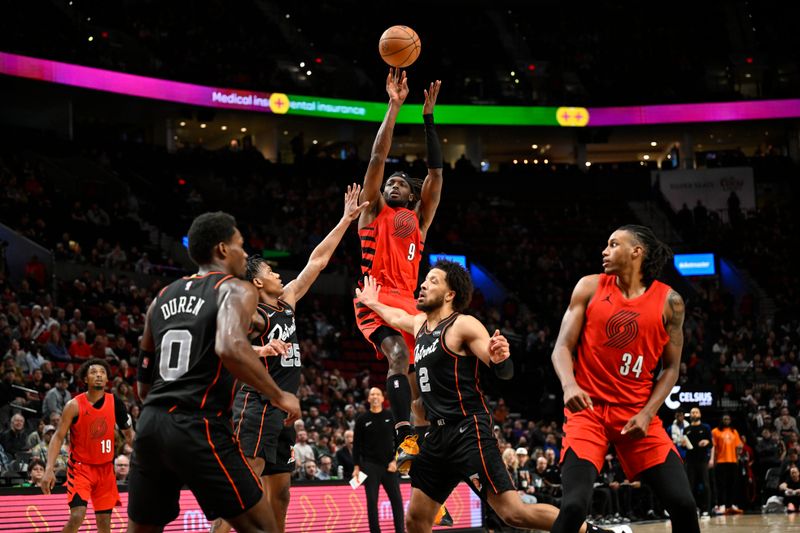 PORTLAND, OREGON - FEBRUARY 08: Jerami Grant #9 of the Portland Trail Blazers shoots the ball during the overtime against the Detroit Pistons at the Moda Center on February 08, 2024 in Portland, Oregon. The Detroit Pistons won in overtime 128-122. NOTE TO USER: User expressly acknowledges and agrees that, by downloading and or using this photograph, User is consenting to the terms and conditions of the Getty Images License Agreement. (Photo by Alika Jenner/Getty Images)