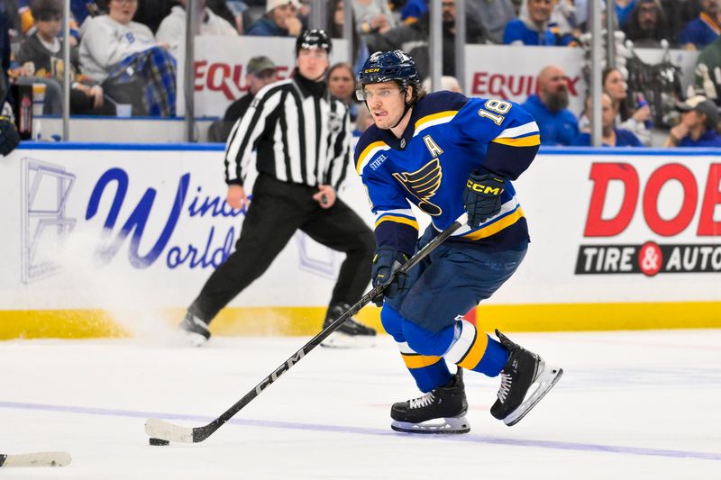 Nov 19, 2024; St. Louis, Missouri, USA;  St. Louis Blues center Robert Thomas (18) controls the puck against the Minnesota Wild during the second period at Enterprise Center. Mandatory Credit: Jeff Curry-Imagn Images