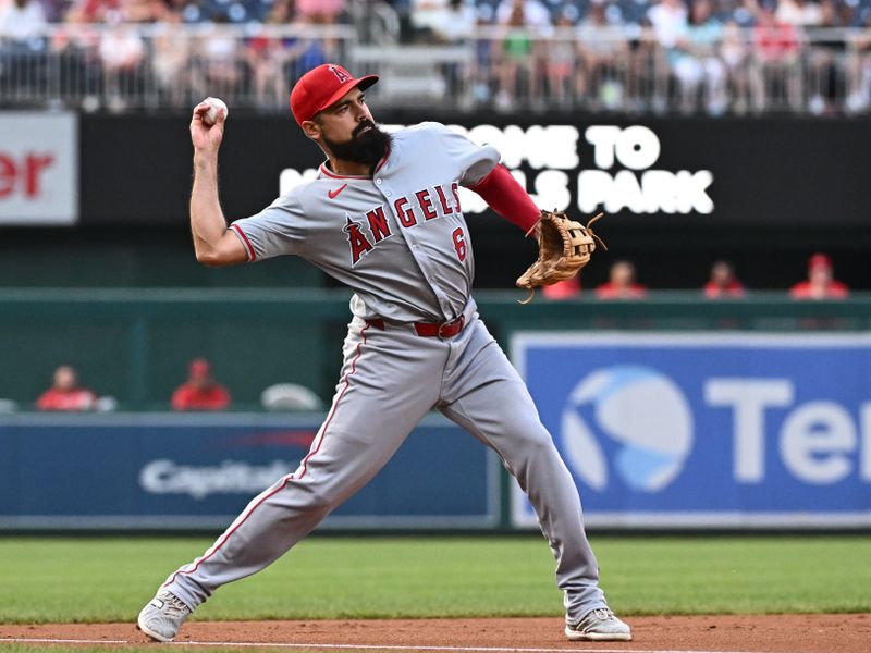 Aug 10, 2024; Washington, District of Columbia, USA;  Los Angeles Angels third baseman Anthony Rendon (6) throws to first base during the first inning against the Washington Nationals at Nationals Park. Mandatory Credit: James A. Pittman-USA TODAY Sports